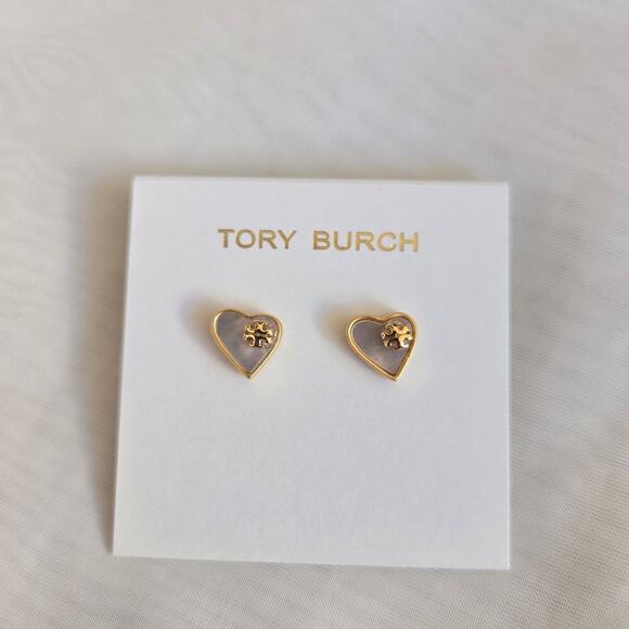 NEW Tory Burch Mother of Pearl Heart Earrings & Necklace Set 18K Gold Plated - Picture 6 of 7